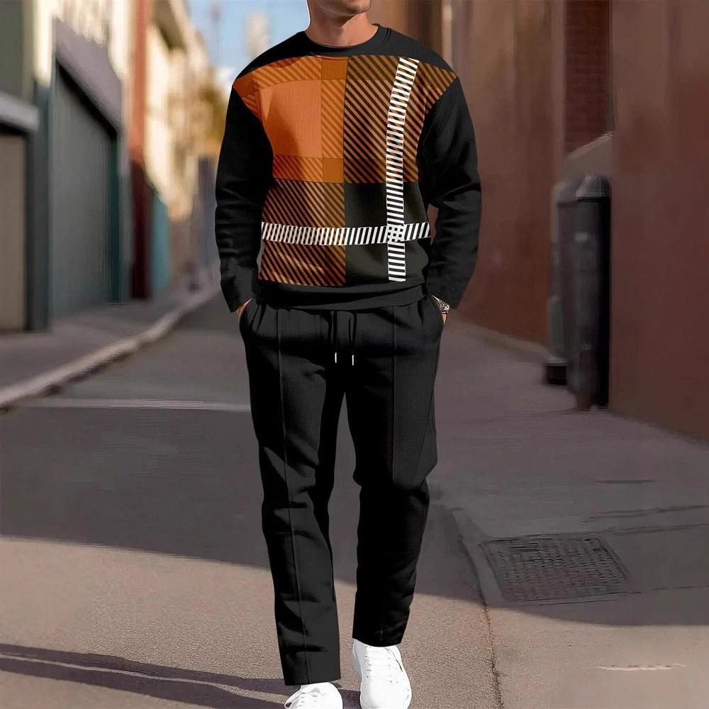 Men's Round Neck Loose Sweatshirt And Sweatpants Set by GJG Denim