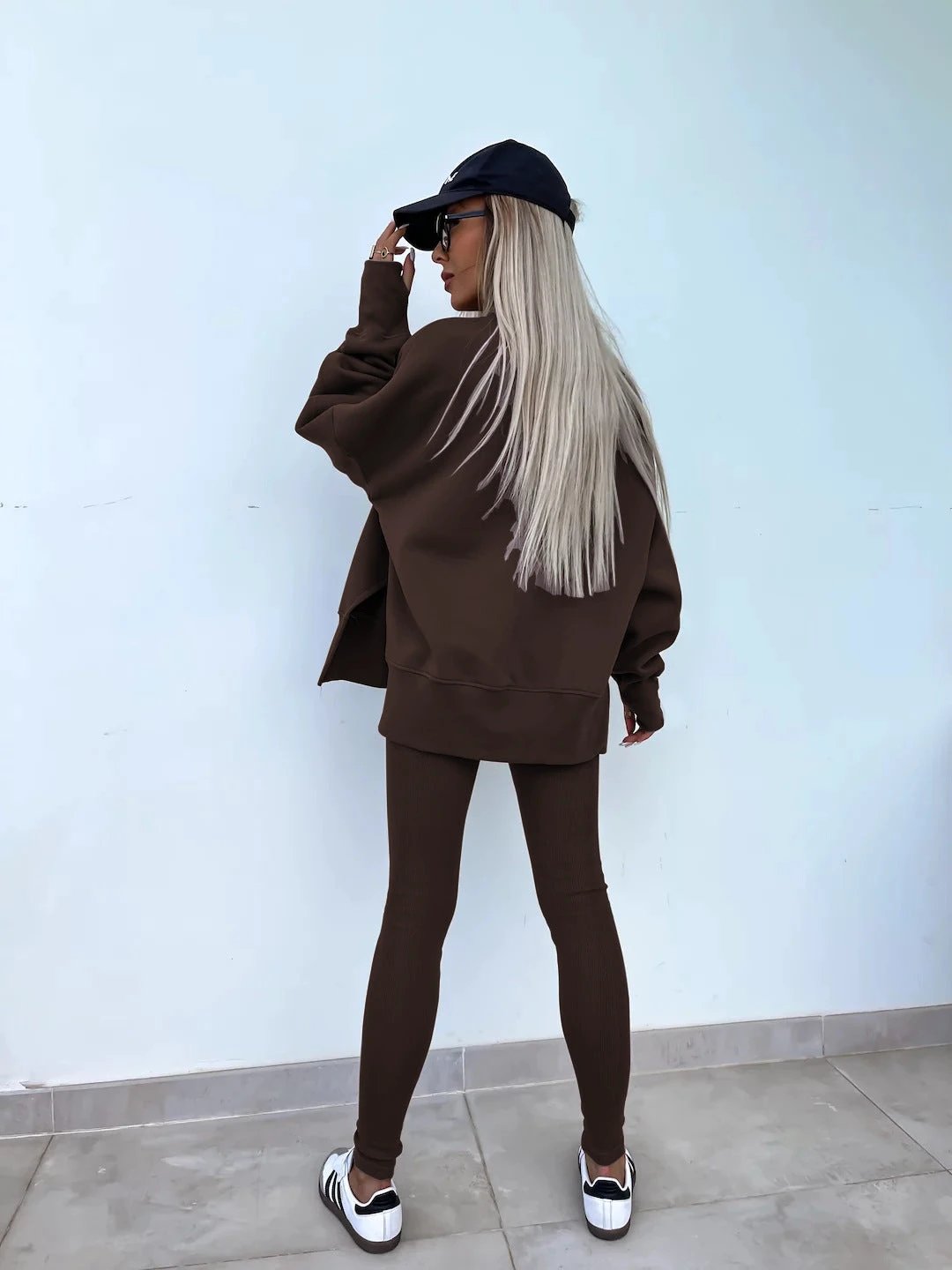 Sweater Suit Women's Casual Loose Long Sleeve Crew Neck Split Top Tight Trousers by GJG Denim