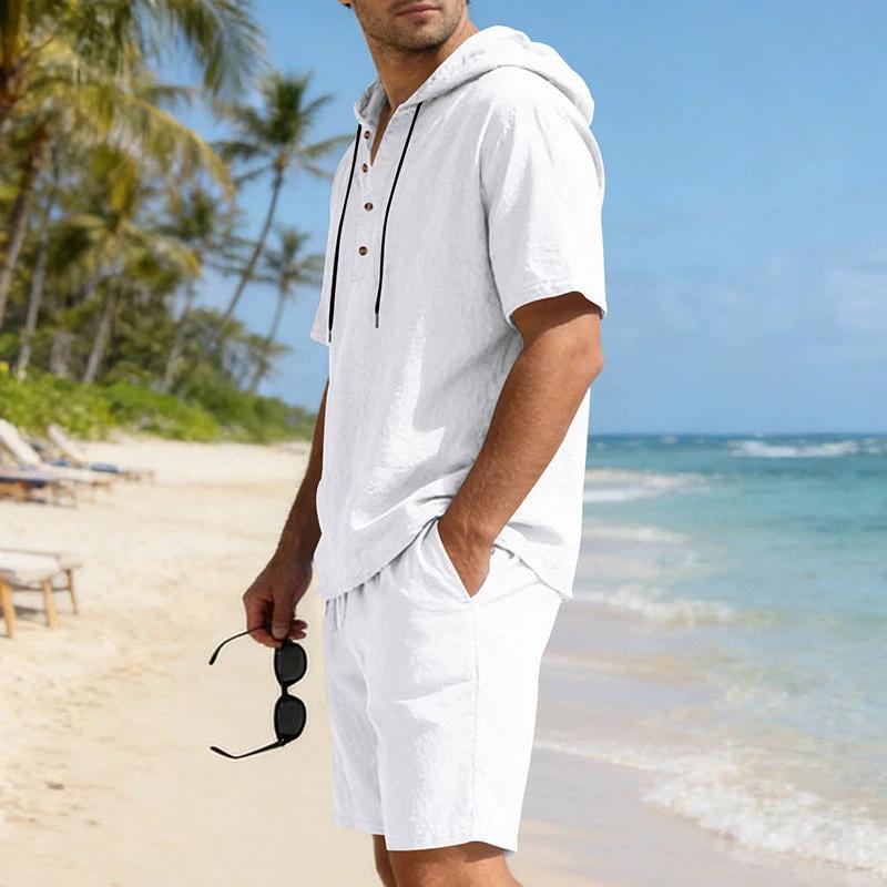 Mens Loose Breathable Linen Hooded Casual Set by GJG Denim