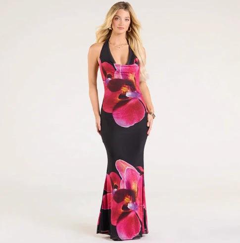 Halter Floral Mesh Backless Maxi Dress by GJG Denim