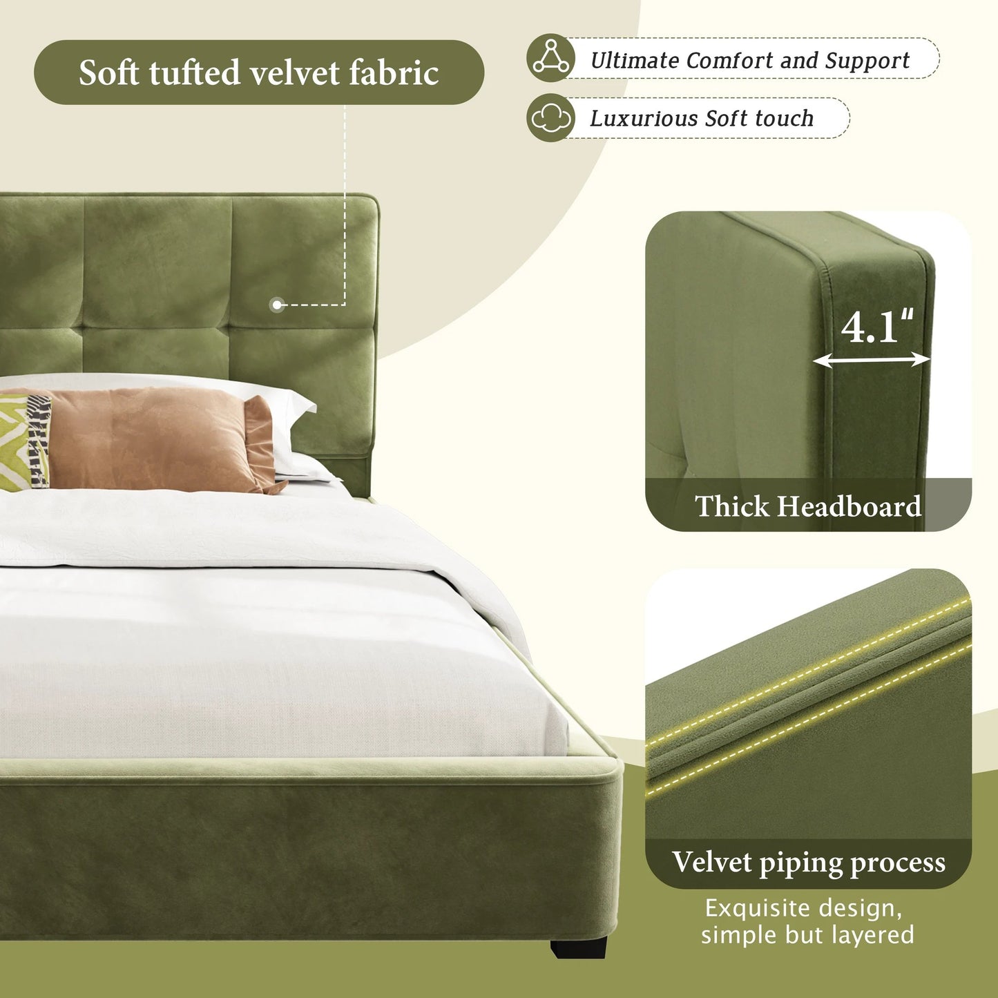 King Size Velvet Bed Frame, Upholstered Platform Bed With Curved Tufted Headboard, Soft Square Corners, Olive Green by GJG Denim