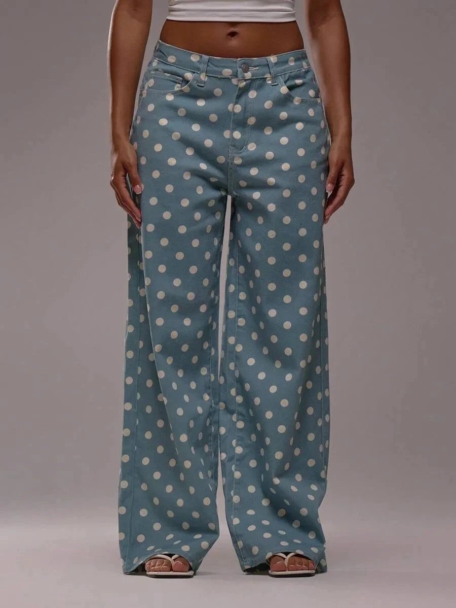 Casual Polka Dot Mid-rise Non-stretch Jeans by GJG Denim
