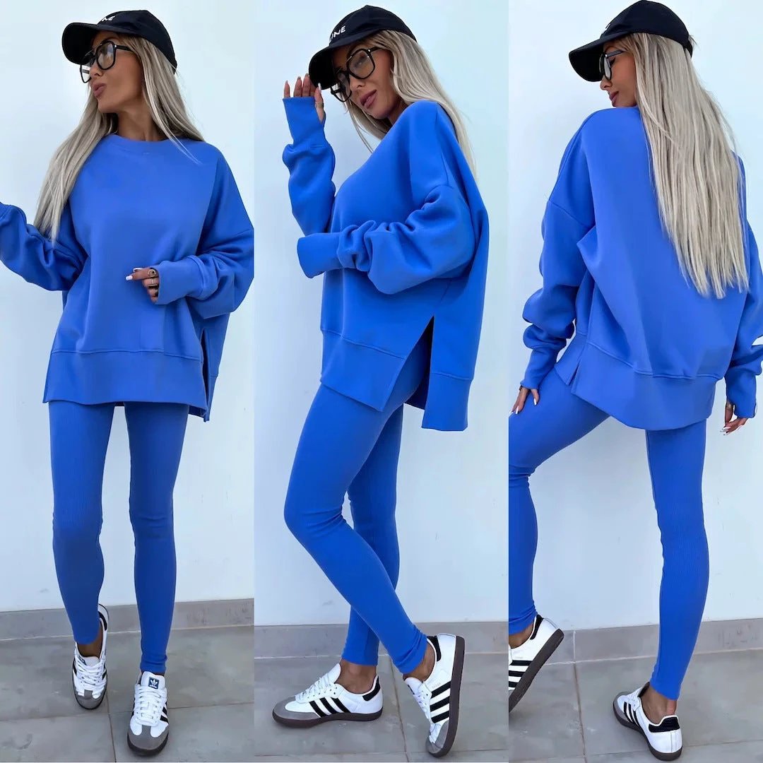 Sweater Suit Women's Casual Loose Long Sleeve Crew Neck Split Top Tight Trousers by GJG Denim