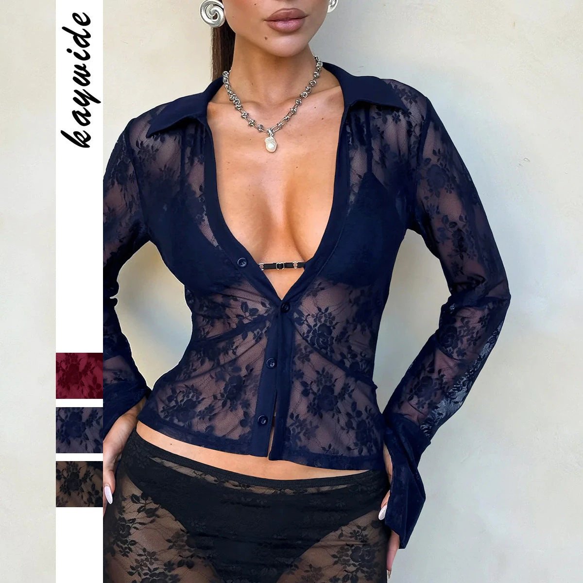 V Hot Girl Style Hollow Lace Cardigan Long Sleeve Top Women's Clothing by GJG Denim