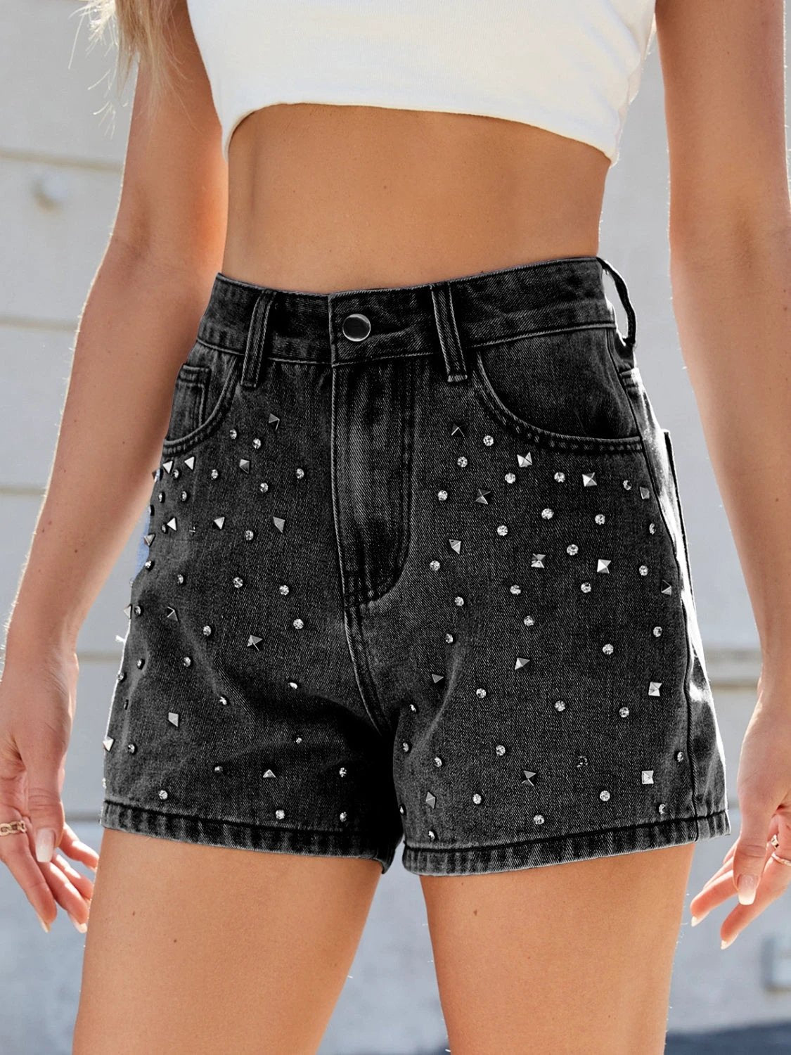 Rhinestone Washed High Waist Denim Shorts by Lady Ros