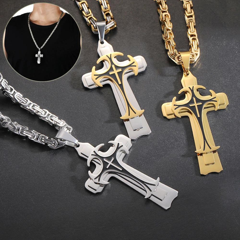 Christian Trinity Latin Cross Necklace For Men Stainless Steel Three Layers by GJG Denim
