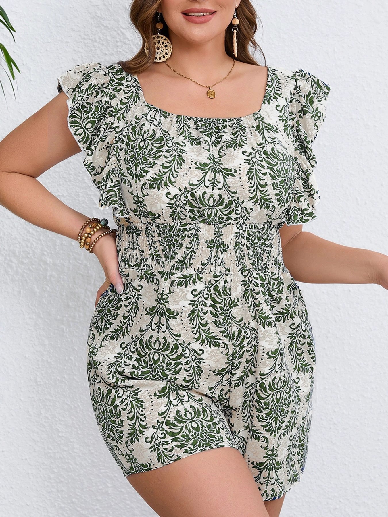 Plus Size Printed Sleeveless Smocking Fitted Waist Backless Vacation Style Jumpsuit by GJG Denim