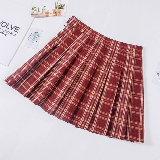 Plaid Pleated Skirt Women's Autumn And Winter High Waist Short by GJG Denim
