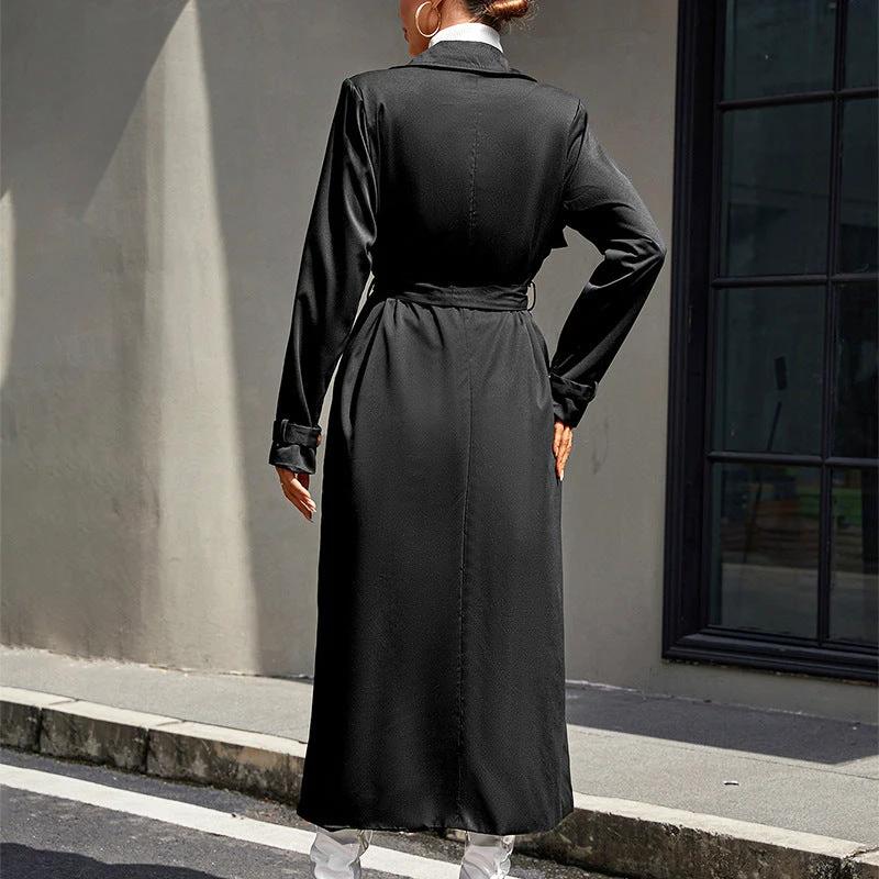 Mid-length High-grade Large Lapel Temperament Commute Lace-up Waist-controlled Black Coat by GJG Denim