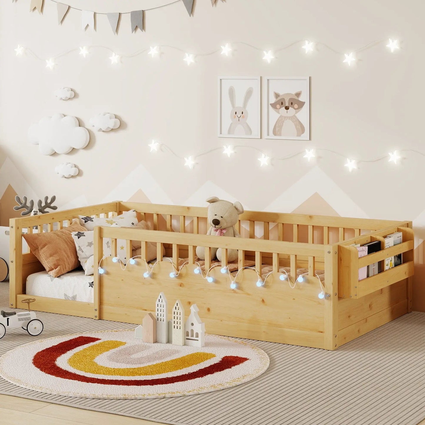 Twin Montessori Floor Bed Frame With High Rails, Wood Kids Floor Beds With Light And Storage Shelf, Natural by GJG Denim