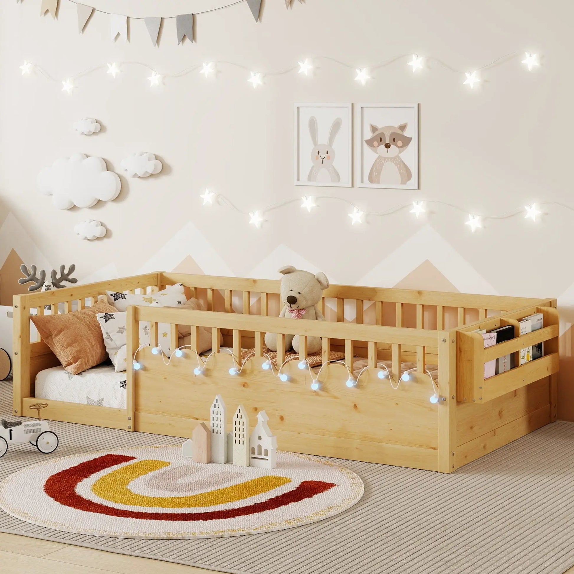 Twin Montessori Floor Bed Frame With High Rails, Wood Kids Floor Beds With Light And Storage Shelf, Natural by GJG Denim