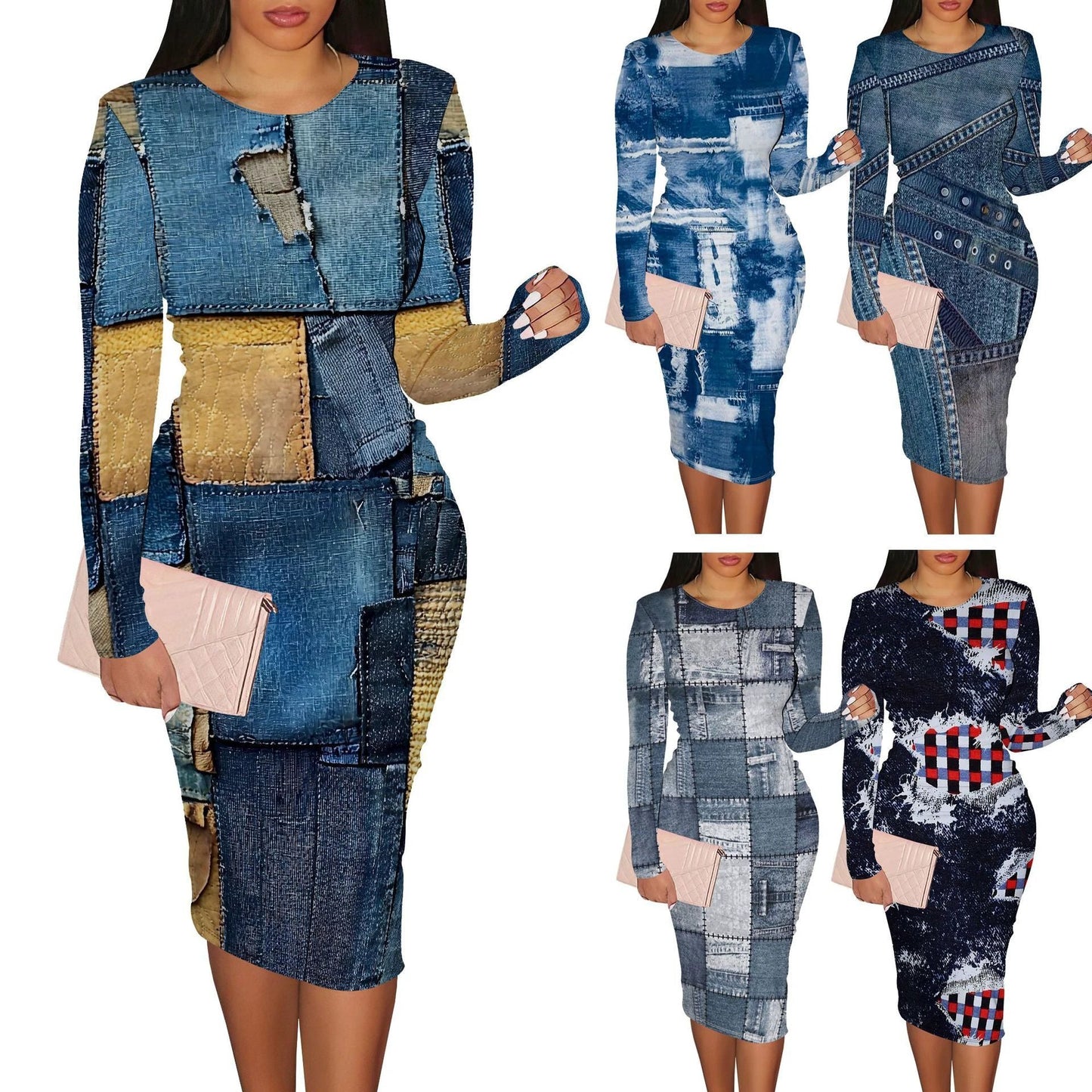 Women's Casual Printed Long-sleeve Round-collar Dress by GJG Denim