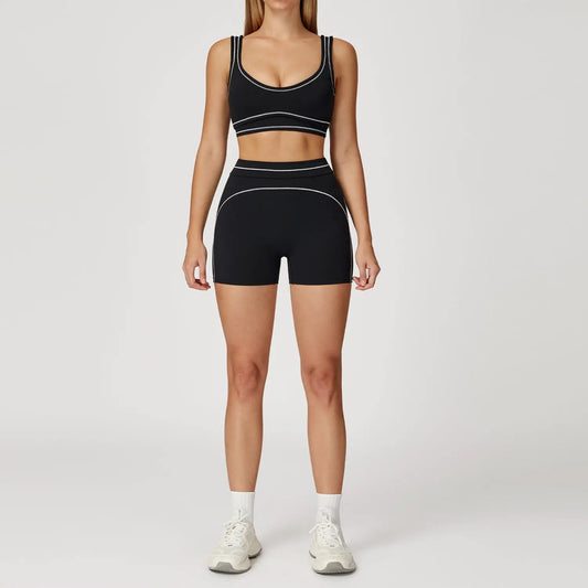 Contrast Color Brushed Yoga Suit Double-shoulder Strap High-grade Sports Workout Clothes by GJG Denim