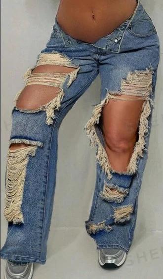 Street Vintage Slant Pocket Distressed Frayed Ripped Cut Out Straight Leg Jeans Casual Comfort Denim Pants by GJG Denim