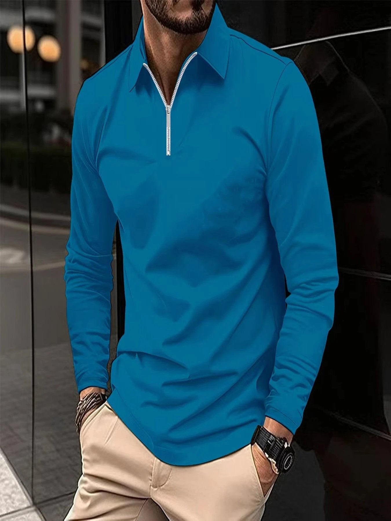 Zipper Men's Solid Color Long Sleeve Sports Polo Shirt by GJG Denim