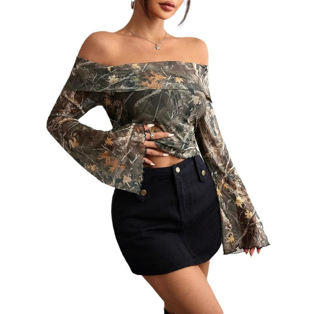Mesh Printed Off-shoulder Long Sleeved Fitted T-shirt Top by GJG Denim
