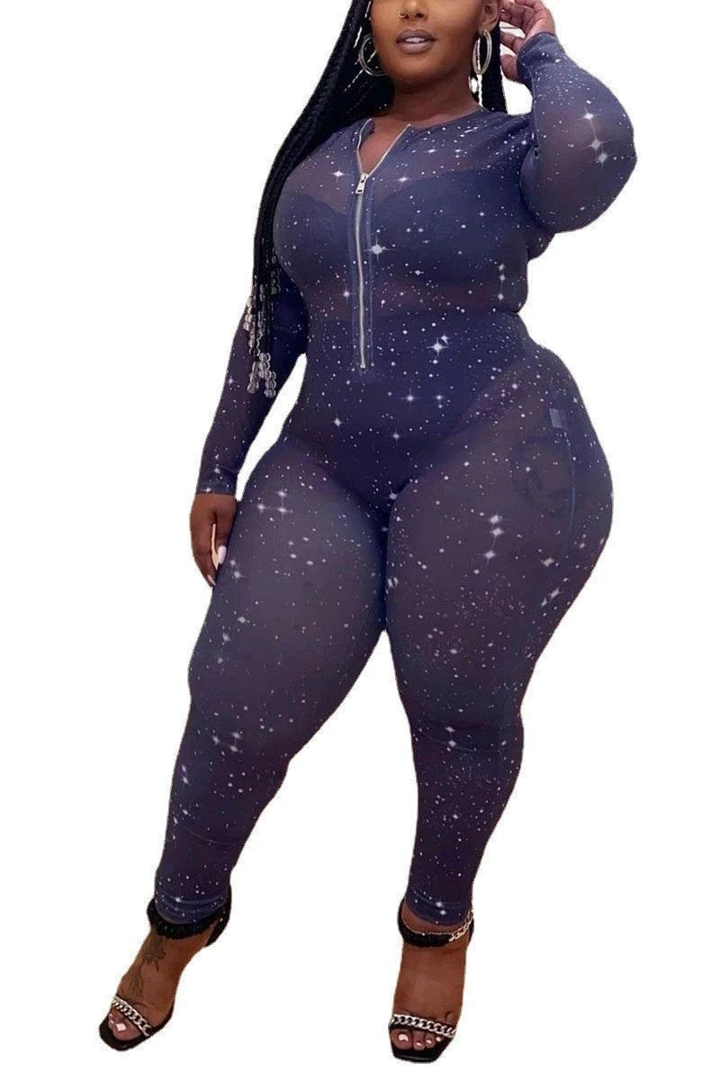 Hot Sale Sheer Temptation Printed Mesh Plus Size Jumpsuit by GJG Denim