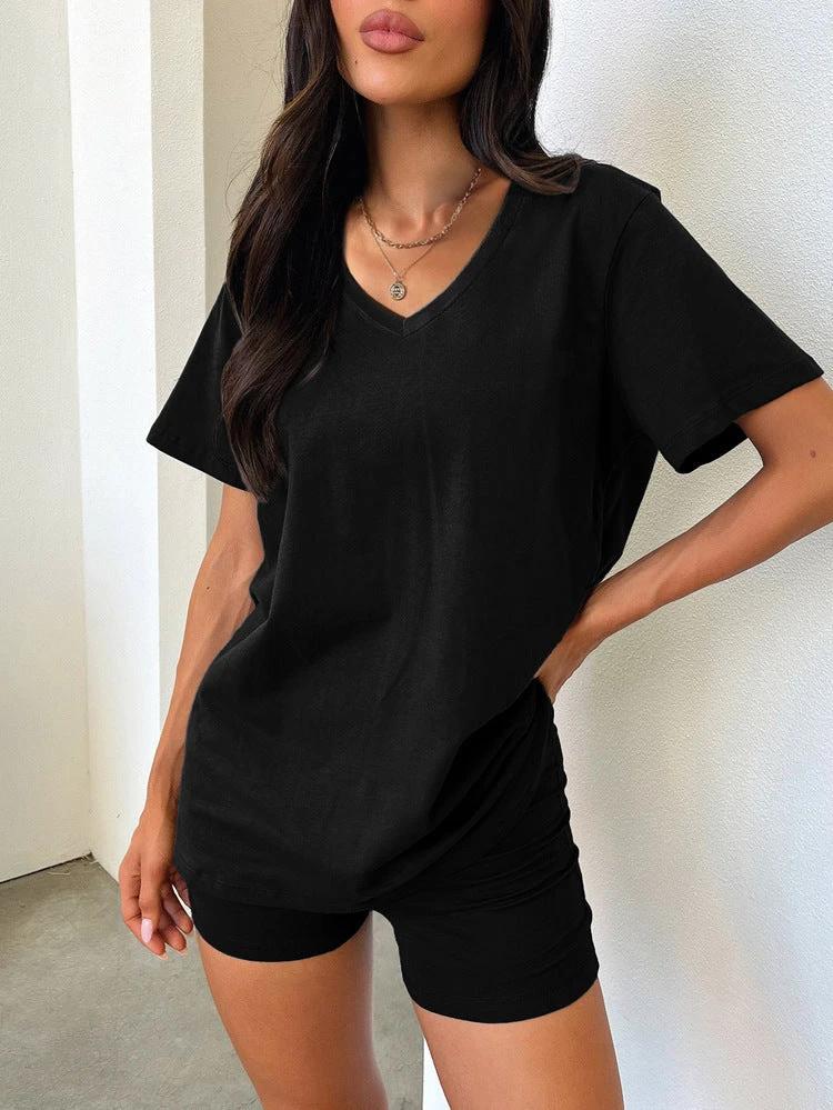 V-neck Fashion Solid Color Casual Fashion Shorts Suit Women by GJG Denim