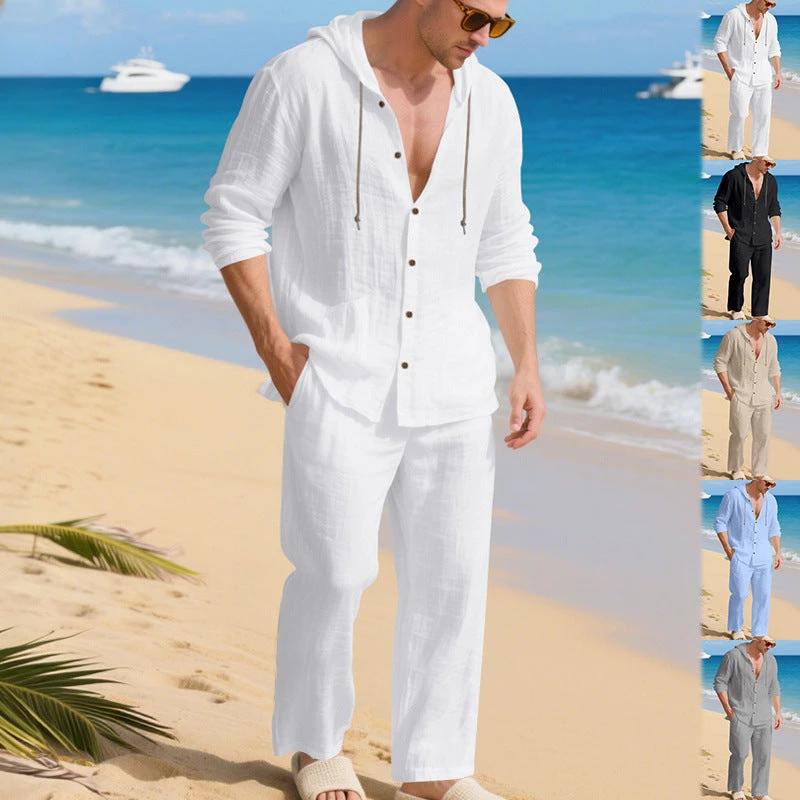 Loose, Breathable Linen Casual Hooded Long-sleeve Shirt And Pants Set by GJG Denim