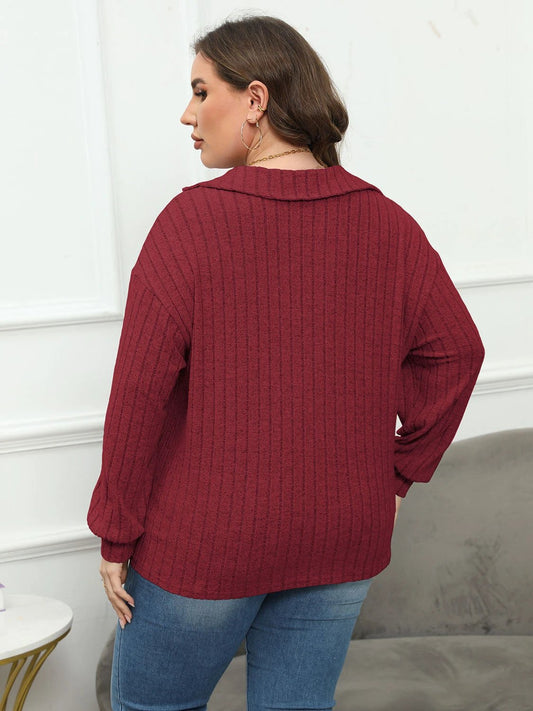Plus Size Ribbed Collared Neck Long Sleeve Blouse by Lady Ros