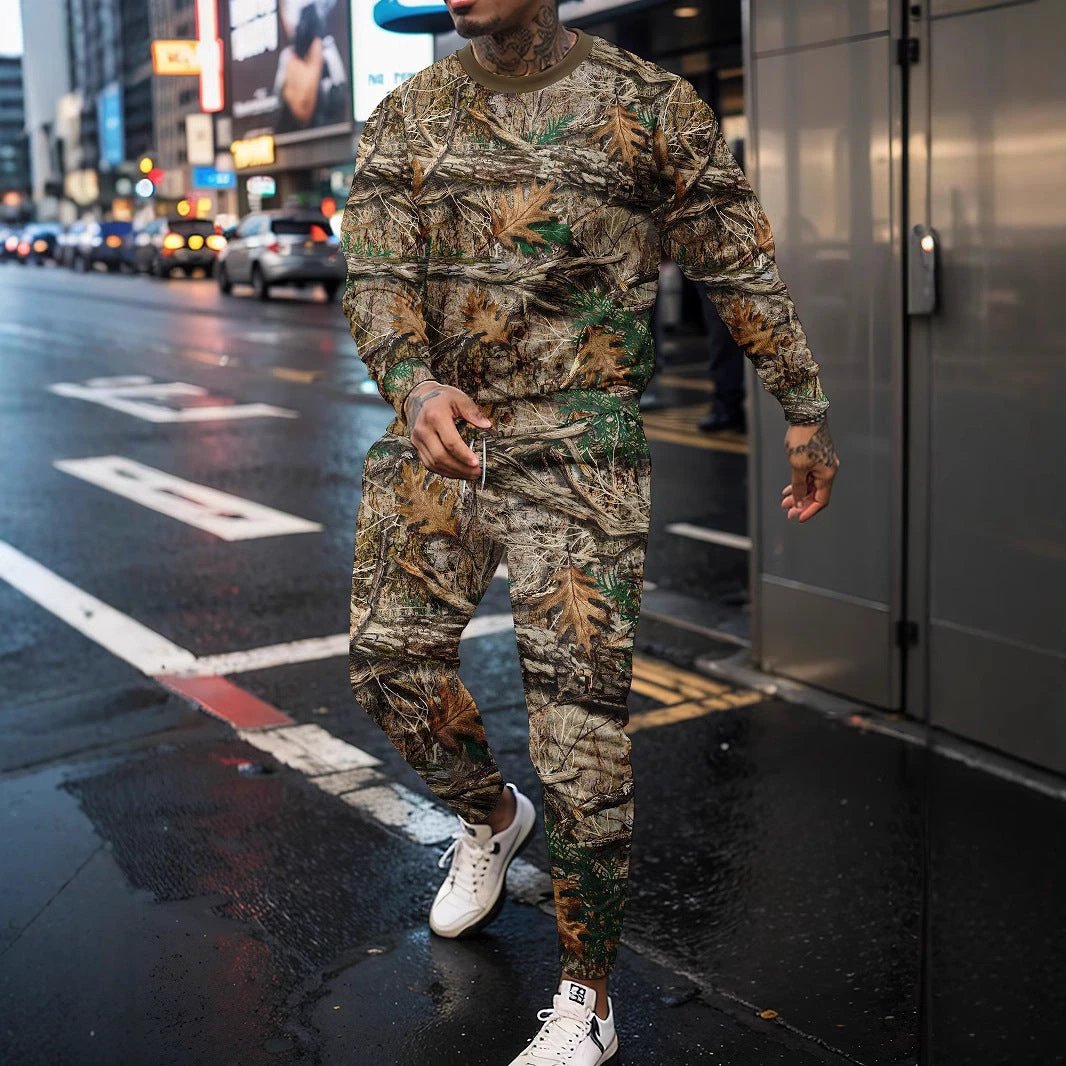 Round Neck Sweater Jungle Camouflage Sportswear Long Sleeve Two-piece Pants by GJG Denim