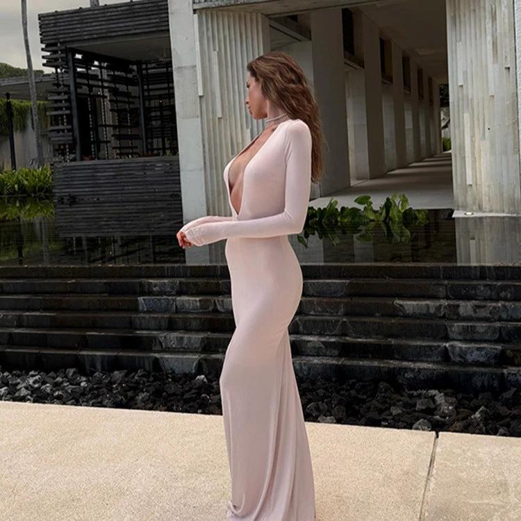 Slim Fit Deep V Long Sleeve Sheath Long Dress by GJG Denim