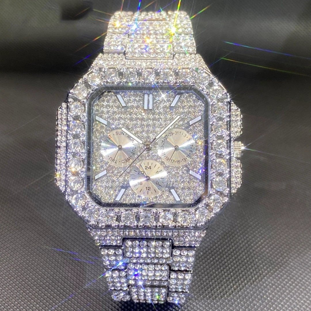 Men's Watch Square-shaped Fully Diamond-encrusted Multi-functional by GJG Denim