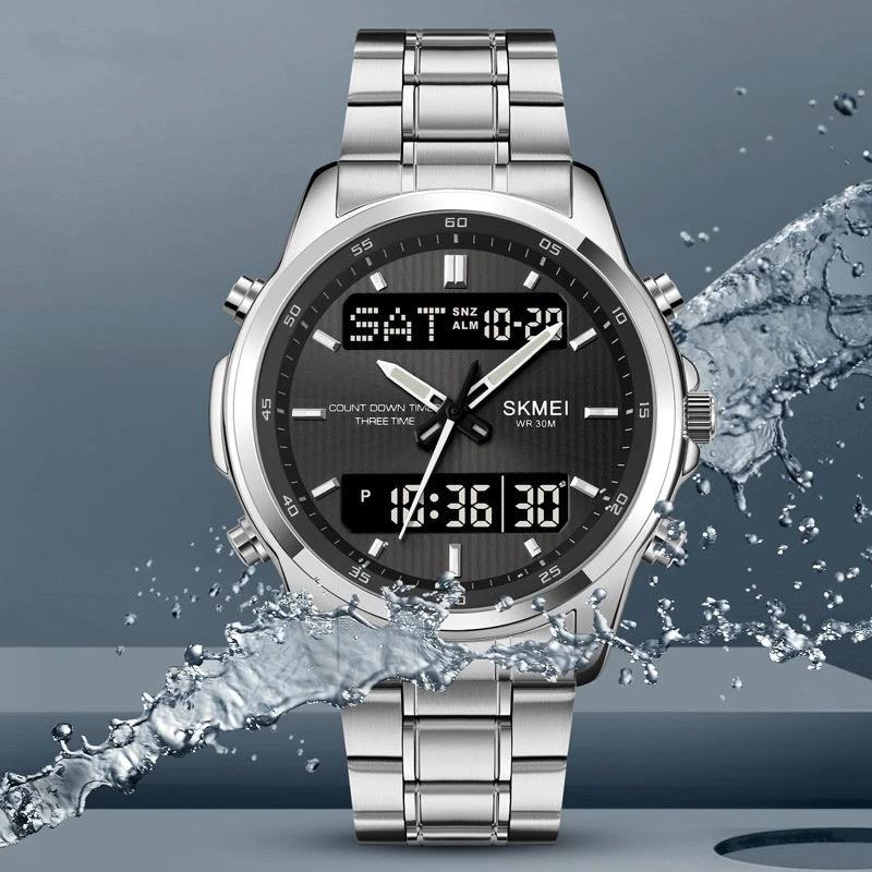 Multifunctional Men's Steel Strap Watch Double Display by GJG Denim