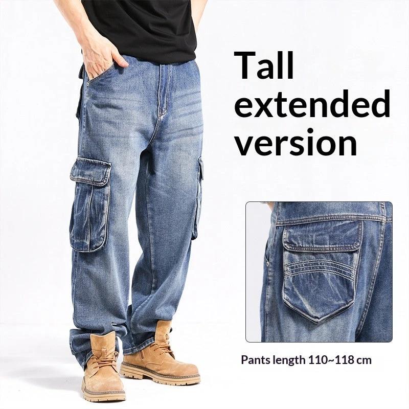 Tall Plus-size Stylish Wide-leg Jeans With Multiple Pockets For Men by GJG Denim