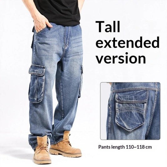 Tall Plus-size Stylish Wide-leg Jeans With Multiple Pockets For Men by GJG Denim