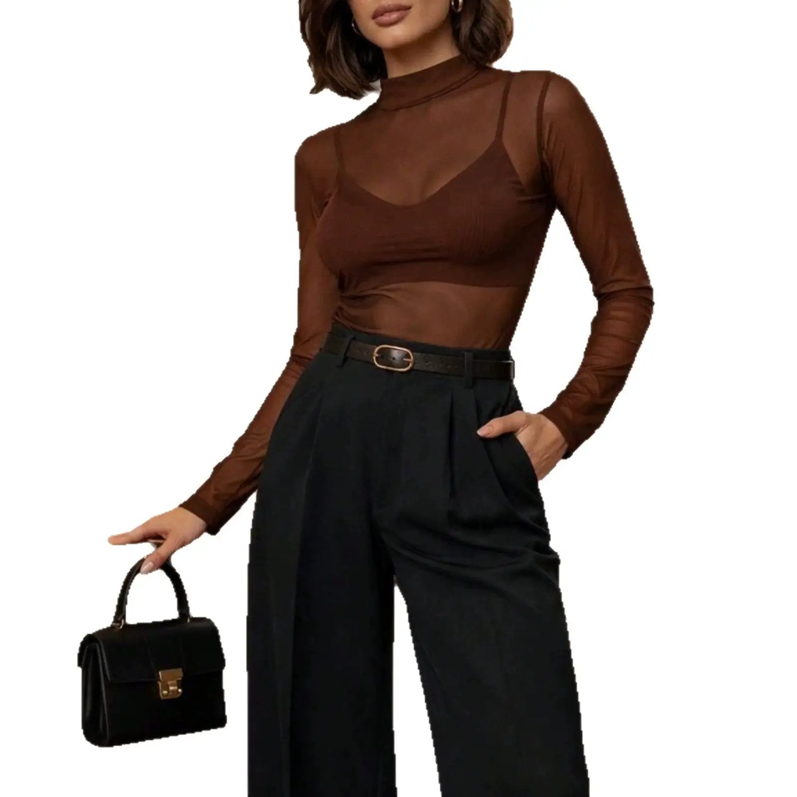 Womens Solid-color Mock-neck Sheer Mesh Bottoming Top by GJG Denim