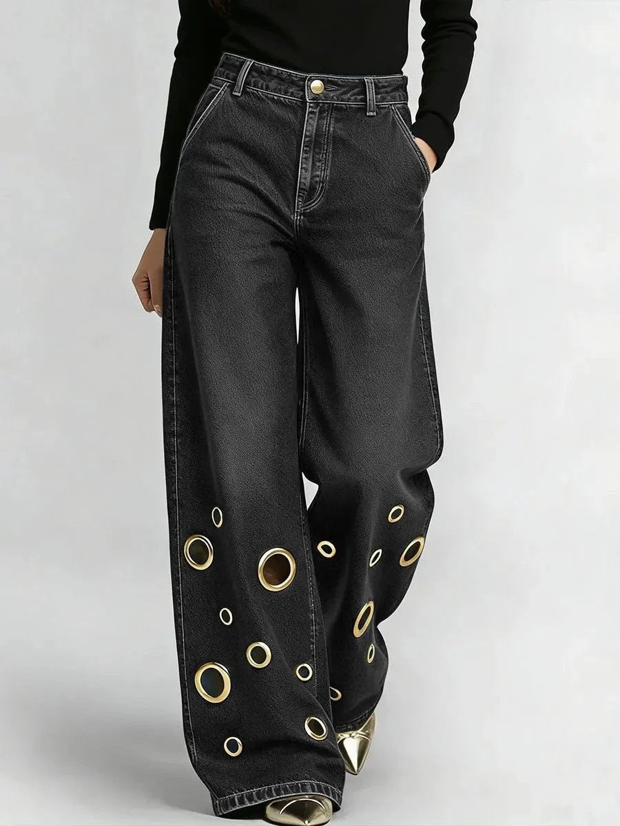 High-waisted Loose-fit Denim Jeans With Cutout Detailing And Metal Eyelets by GJG Denim