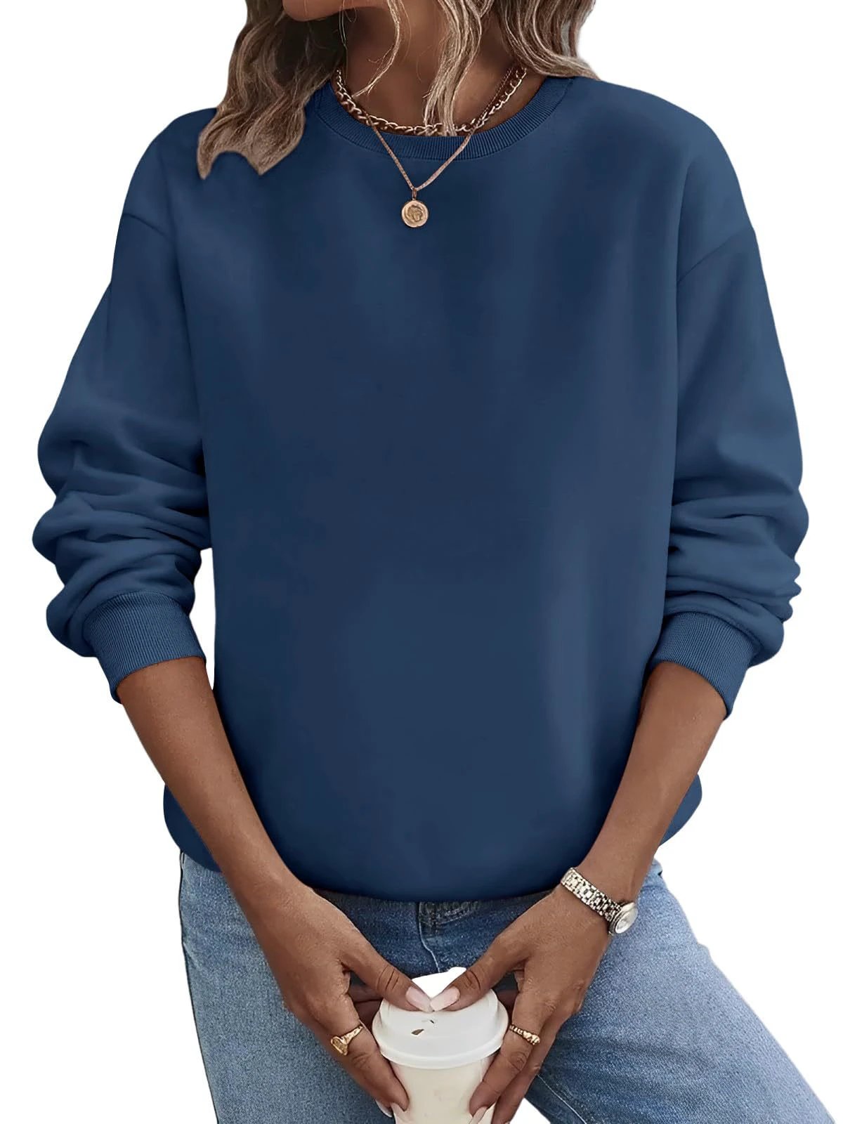 Solid Color Blank Round Neck Plus Size Fashion Sweater by GJG Denim