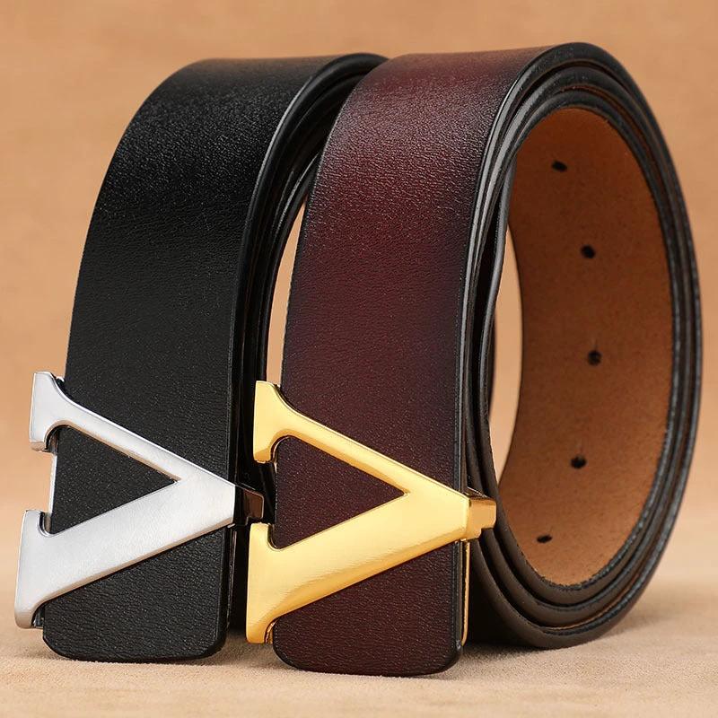 Men's Retro Smooth Genuine Leather Pure Cowhide Letter V Belts by GJG Denim