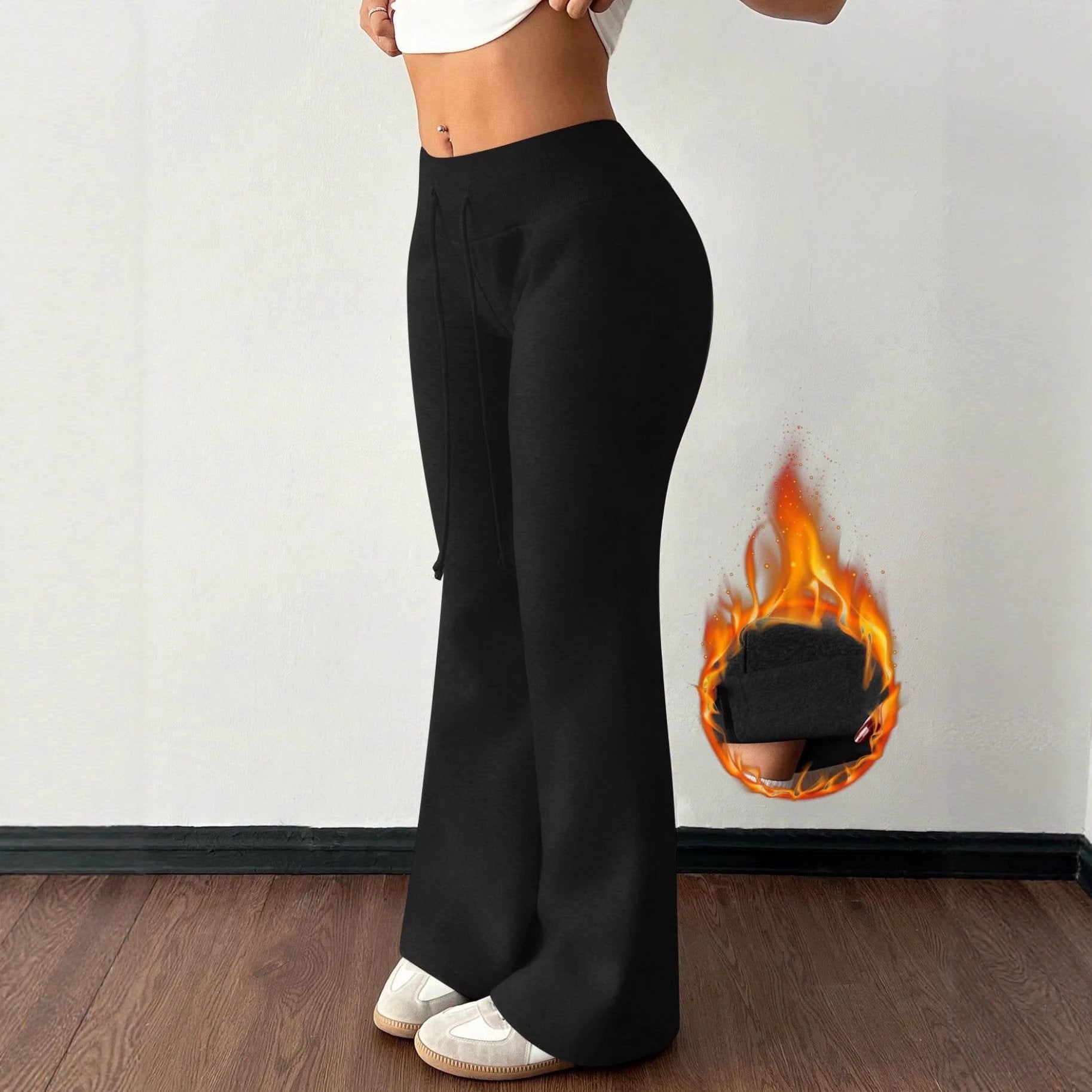 Padded Fleece Trousers High Waist Pure Color Sweatpants by GJG Denim