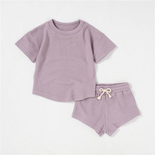 Children's Short-sleeved Suit Solid Color Baby Short Sleeve Two-piece Suit by GJG Denim
