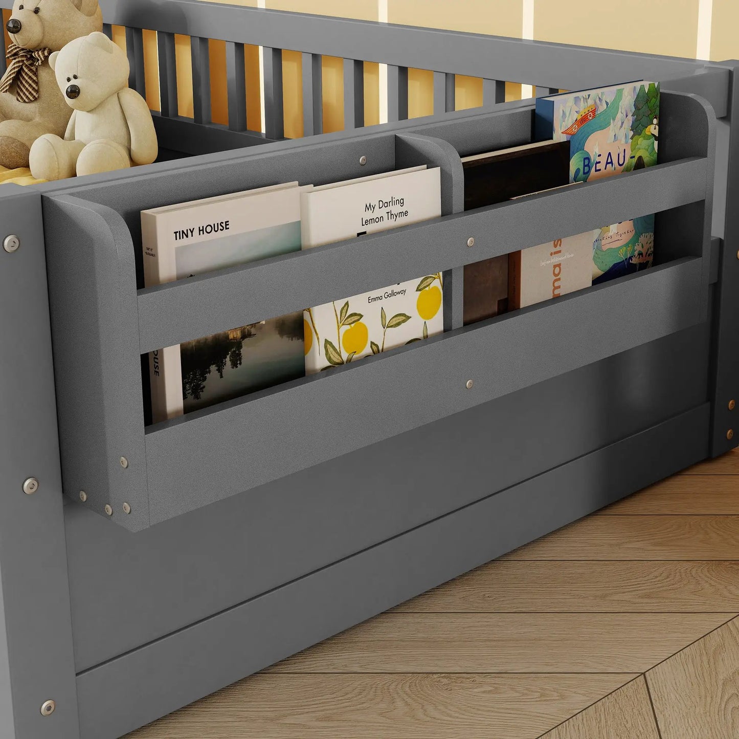 Twin Montessori Floor Bed Frame With High Rails, Wood Kids Floor Beds With Light And Storage Shelf, Gray by GJG Denim