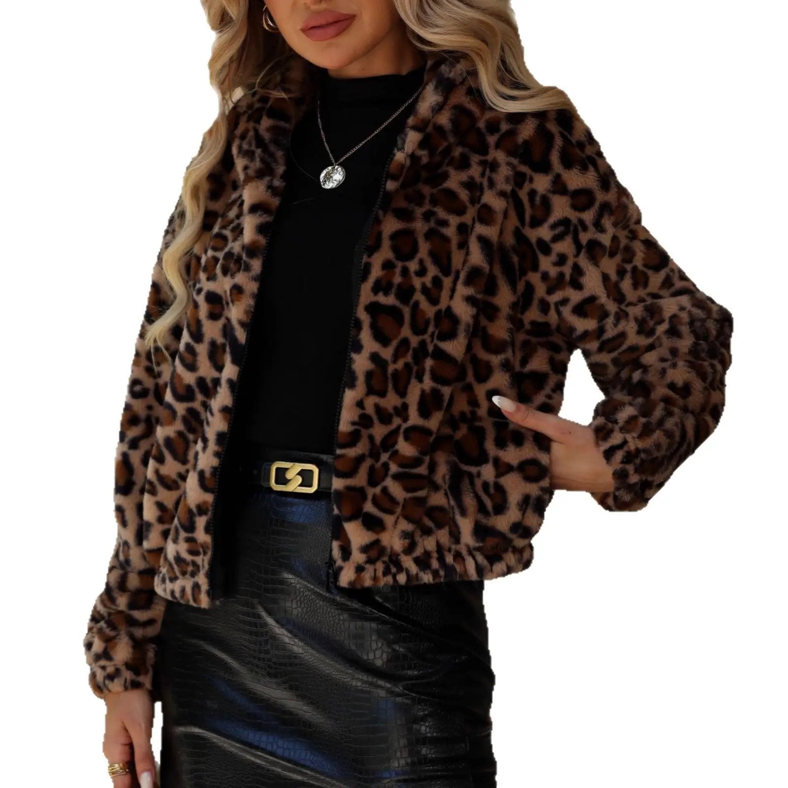 Womens Loose-fit Zip-up Leopard-print Plush Coat by GJG Denim