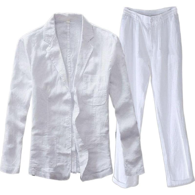 Men's Two-piece Retro Solid Color High-end Simple Casual Suit by GJG Denim