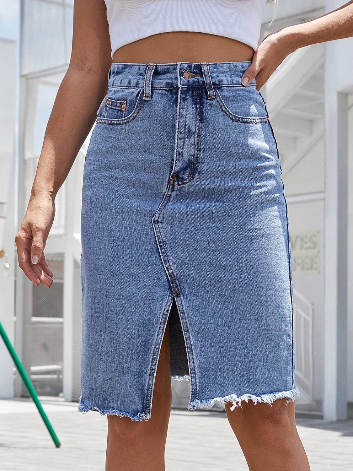 Raw Hem Slit Denim Skirt by Lady Ros