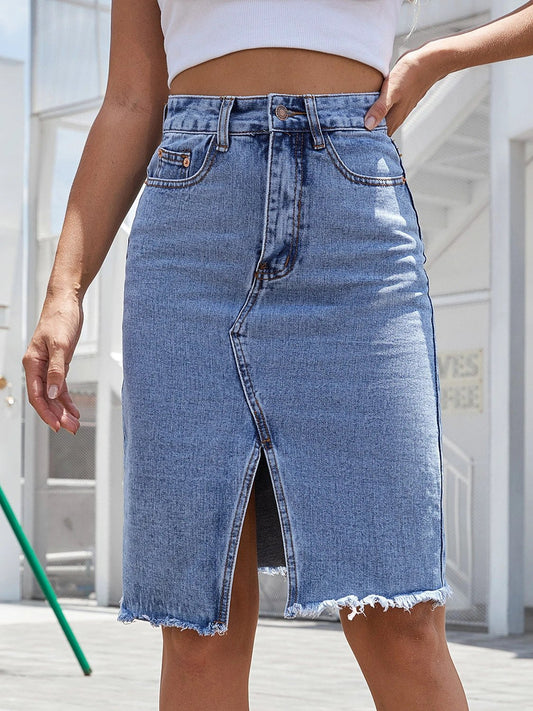 Raw Hem Slit Denim Skirt by Lady Ros