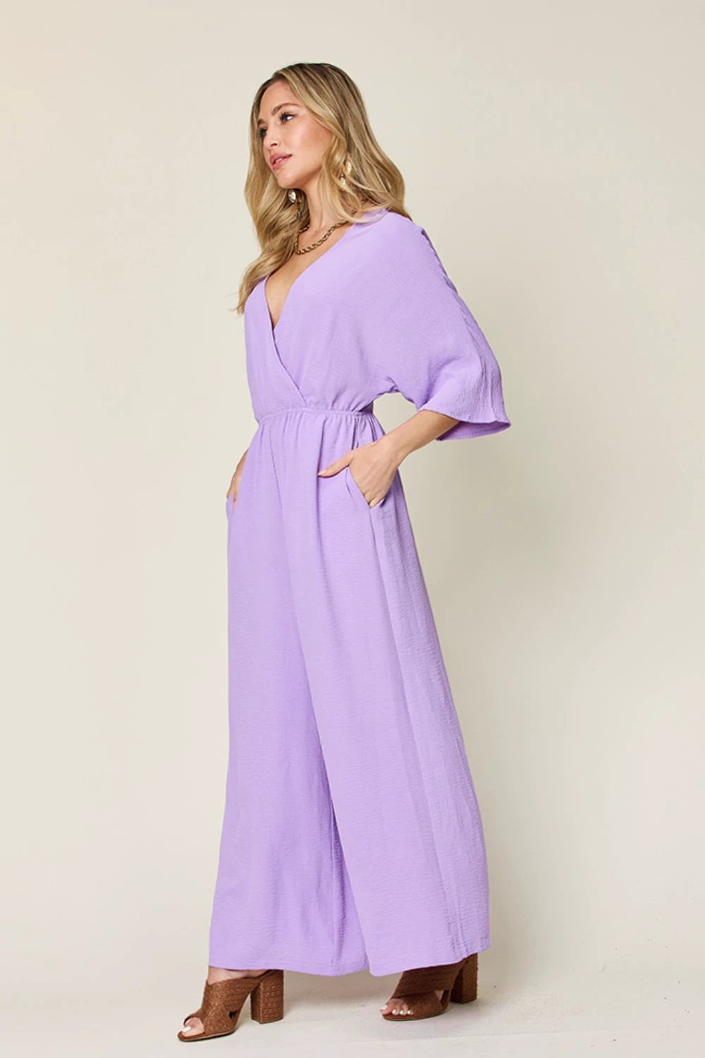 Tie-Waist Jumpsuit with Wide Legs and Short Sleeves by Lady Ros