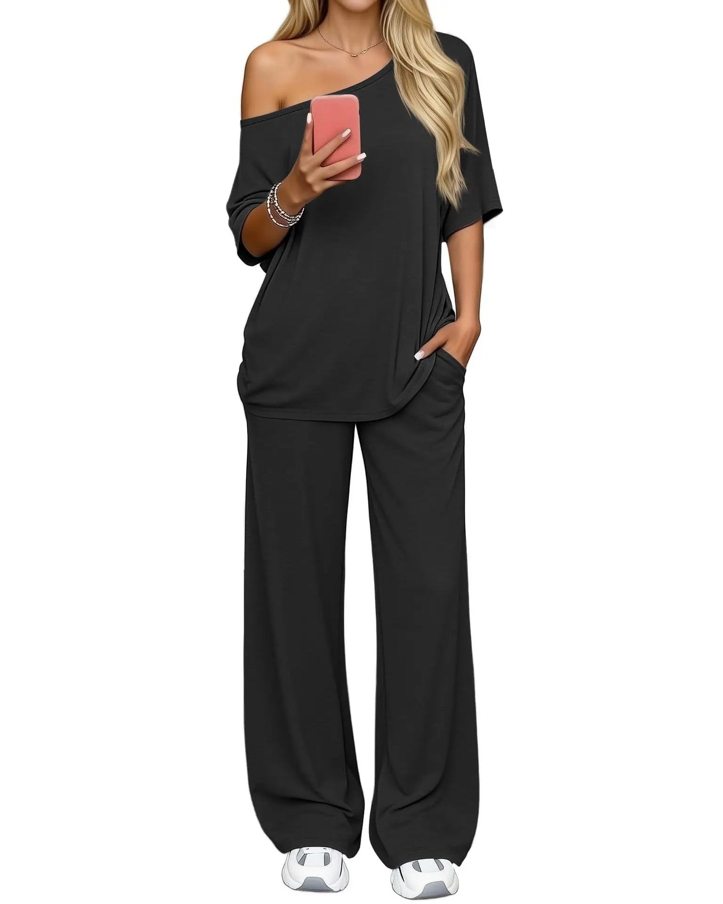 Off-shoulder Loose Casual Short-sleeve Top And Wide-leg Pants Two-piece Set by GJG Denim