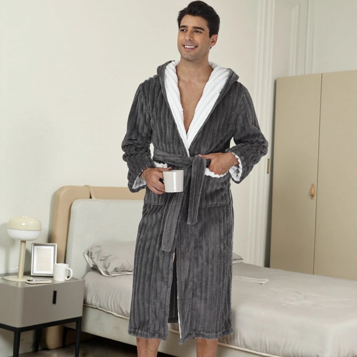 Men's Thick Flannel Long Hooded Bathrobe by GJG Denim