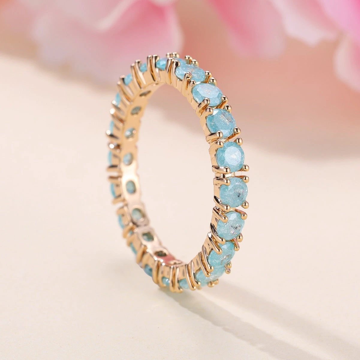 French Retro Champagne Gold Blue Ice Flower Zirconium Full Diamond Ring by GJG Denim