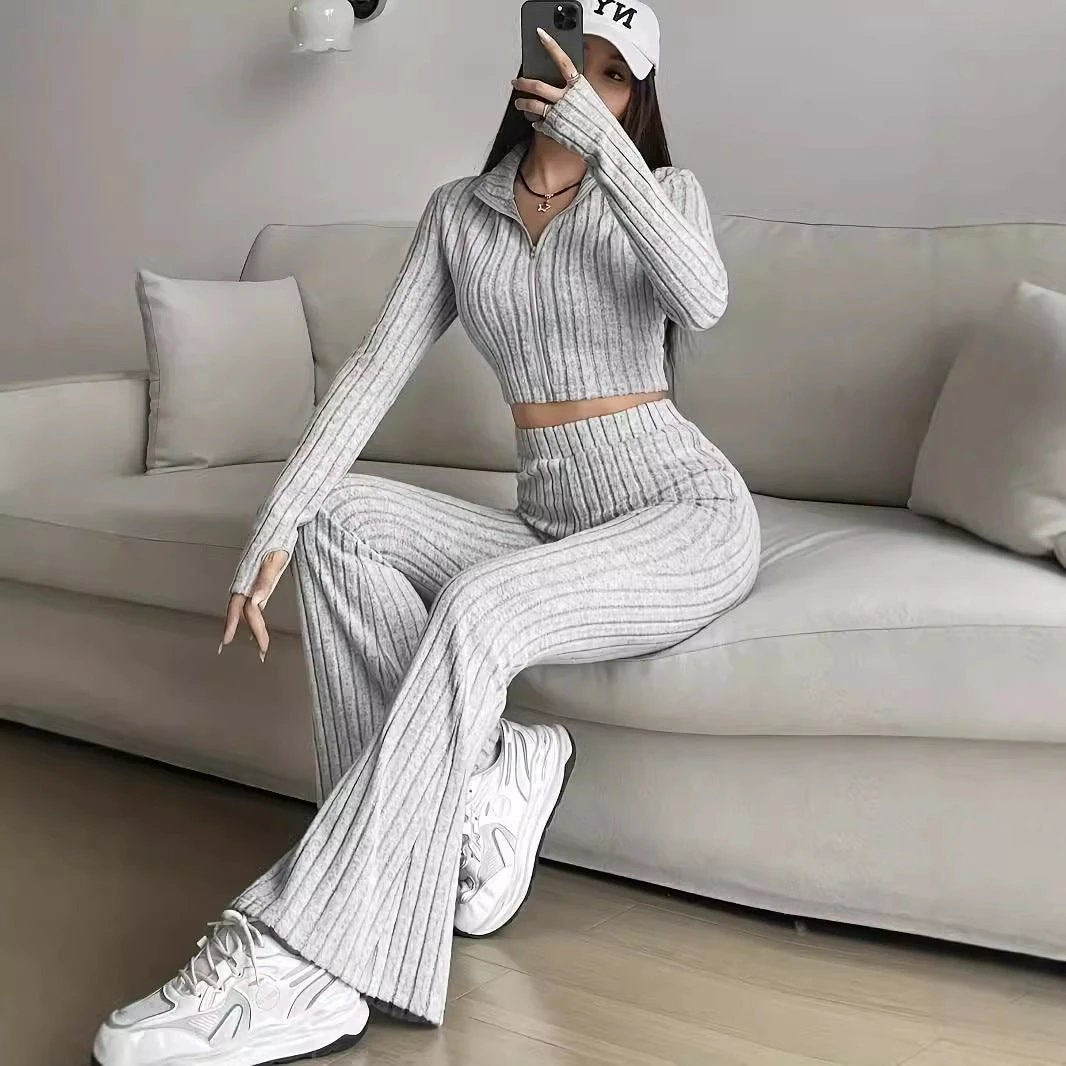 Fashionable Solid-Color Ribbed Two-Piece Set Zip-Up Long-Sleeve Cropped Top And High-Waist Flare Pants Suit by GJG Denim