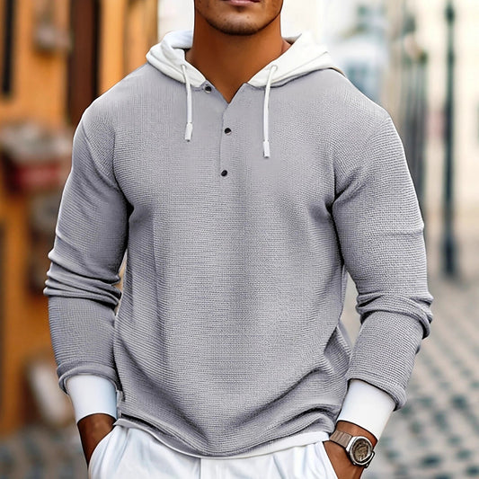 Men's Casual Textured Waffle-knit Contrast-color Long-sleeve Hoodie With Buttons by GJG Denim