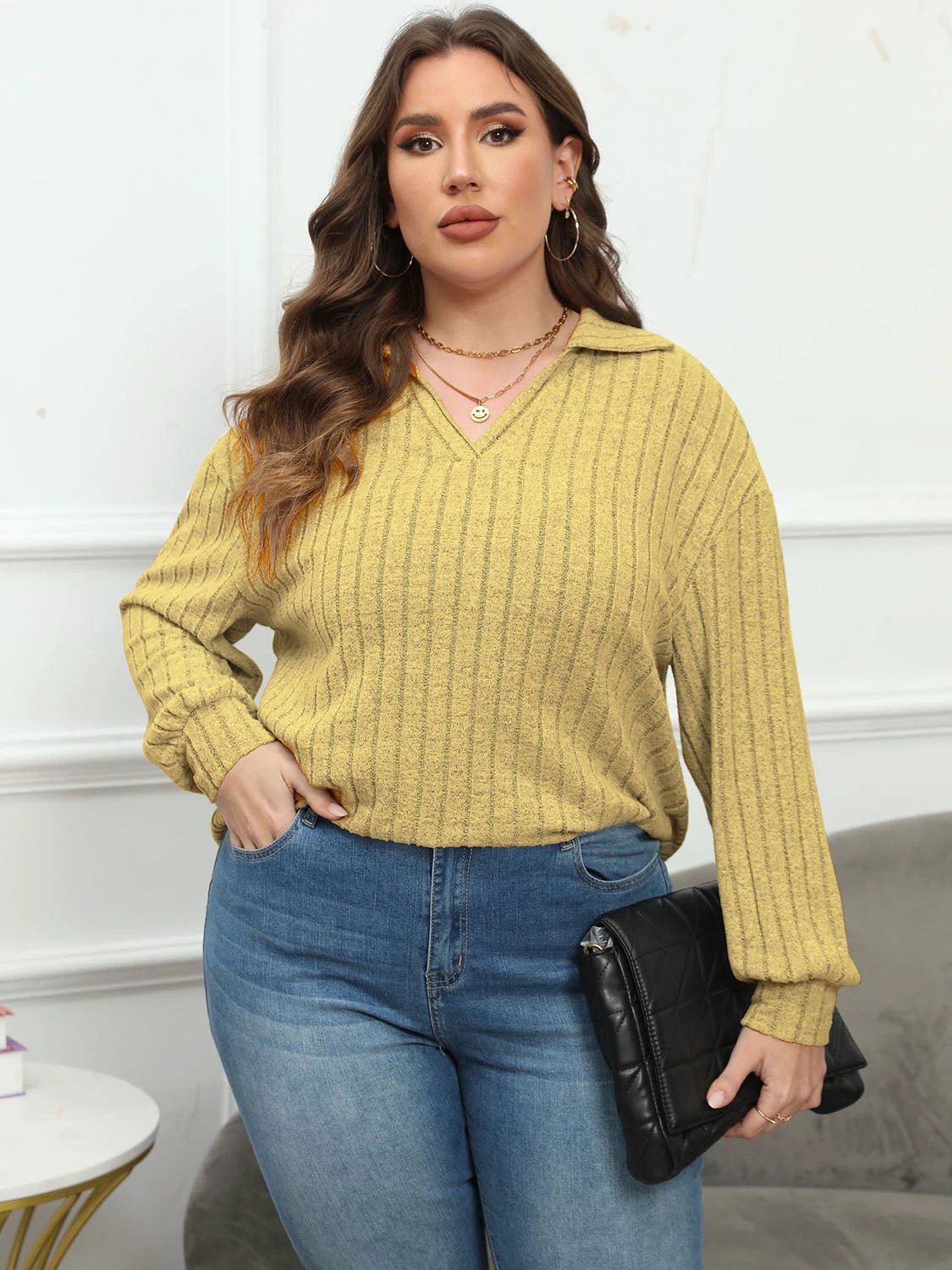 Plus Size Ribbed Collared Neck Long Sleeve Blouse by Lady Ros