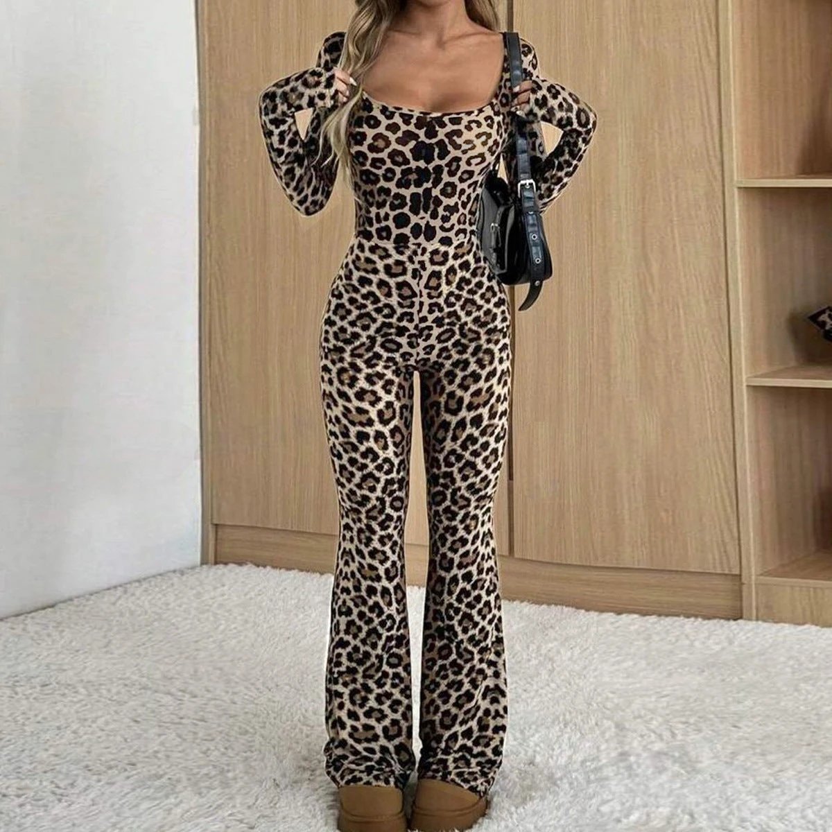 Women's Slim-fit Hip-wrapped Square Collar Leopard Print Jumpsuit by GJG Denim