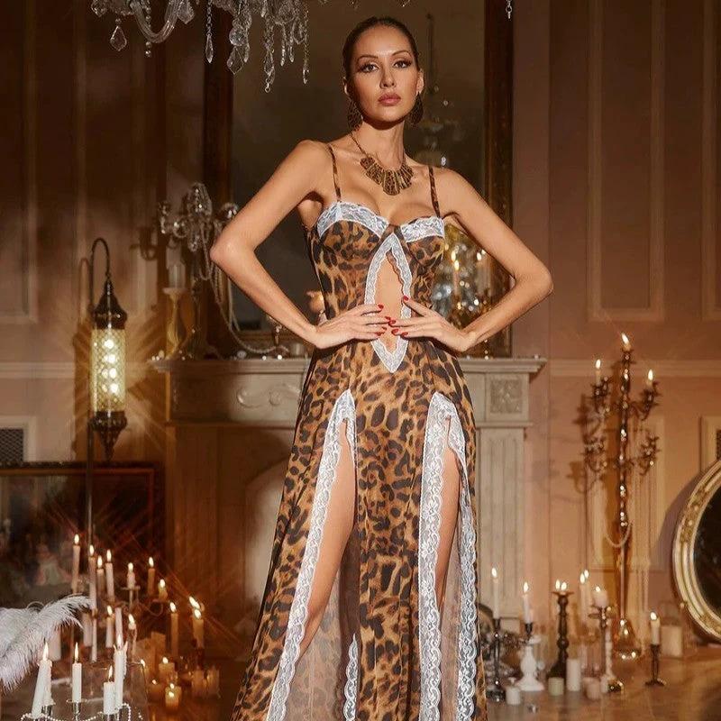 Leopard Print Sling Lace Patchwork Slit Exposed Navel Dress by GJG Denim